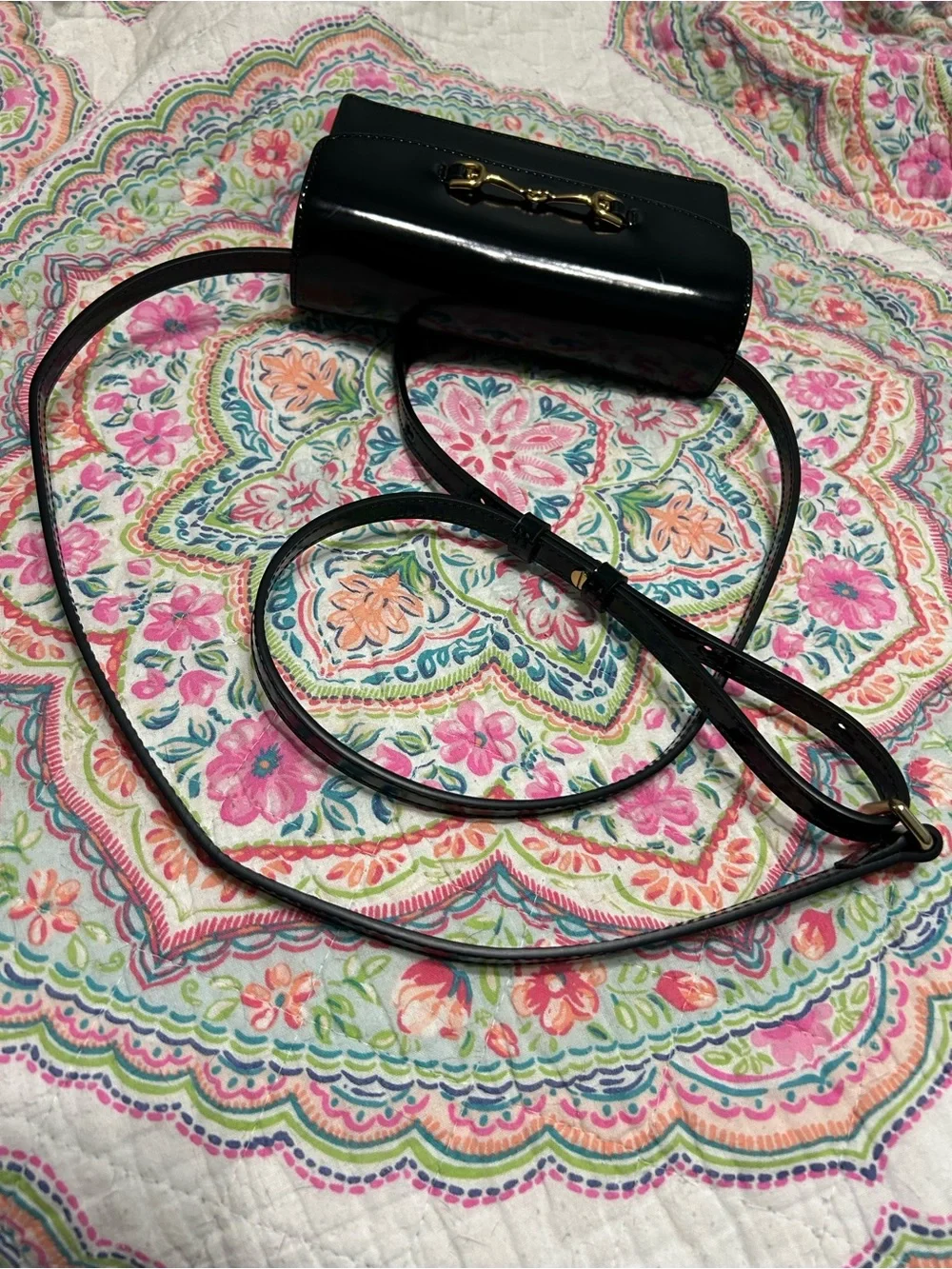 Sam Edelman Loraine crossbody black patent leather gold-tone horse bit like